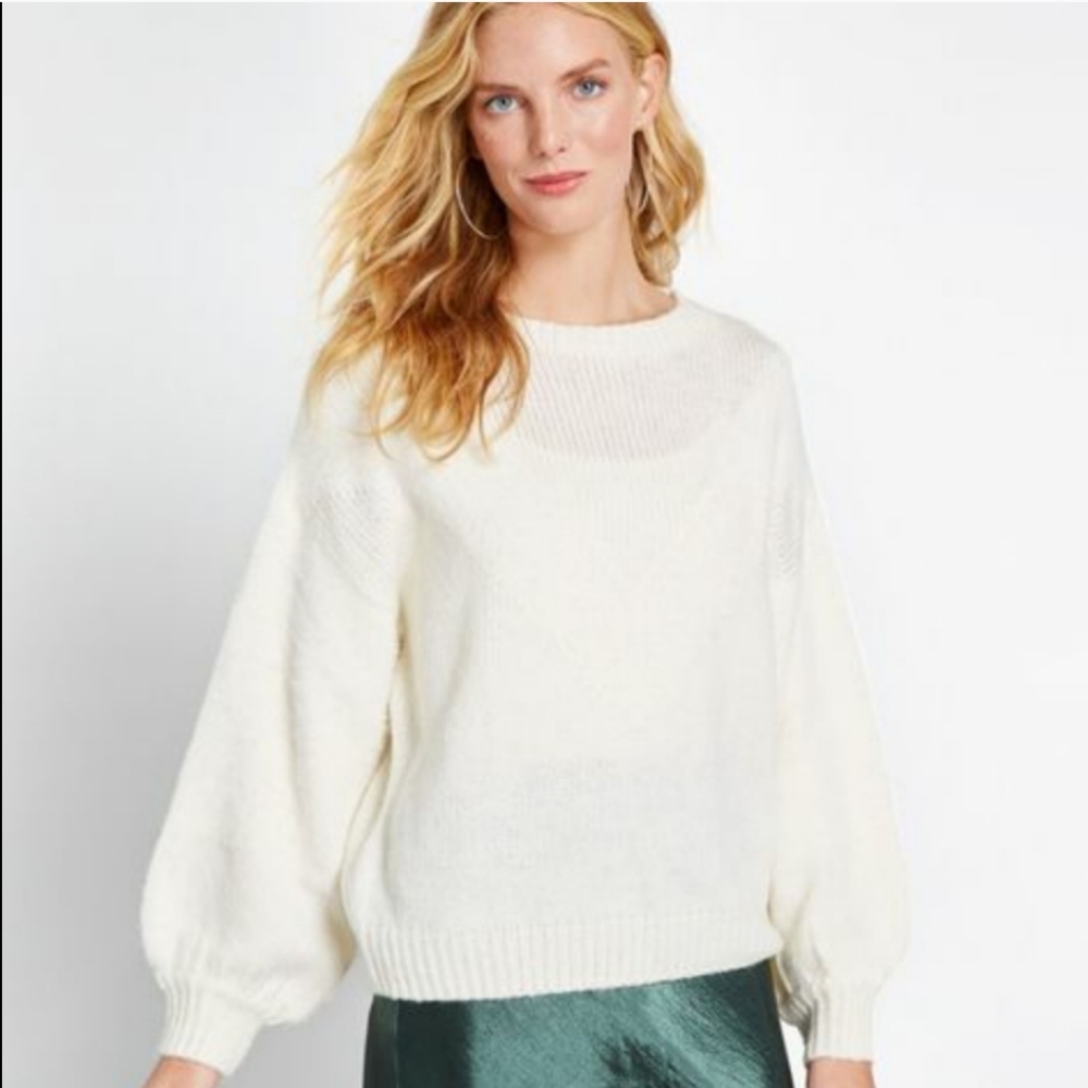 Modcloth Just My Stripe Pullover Crewneck Ivory Bishop Sleeve Ribbed Sweater XL